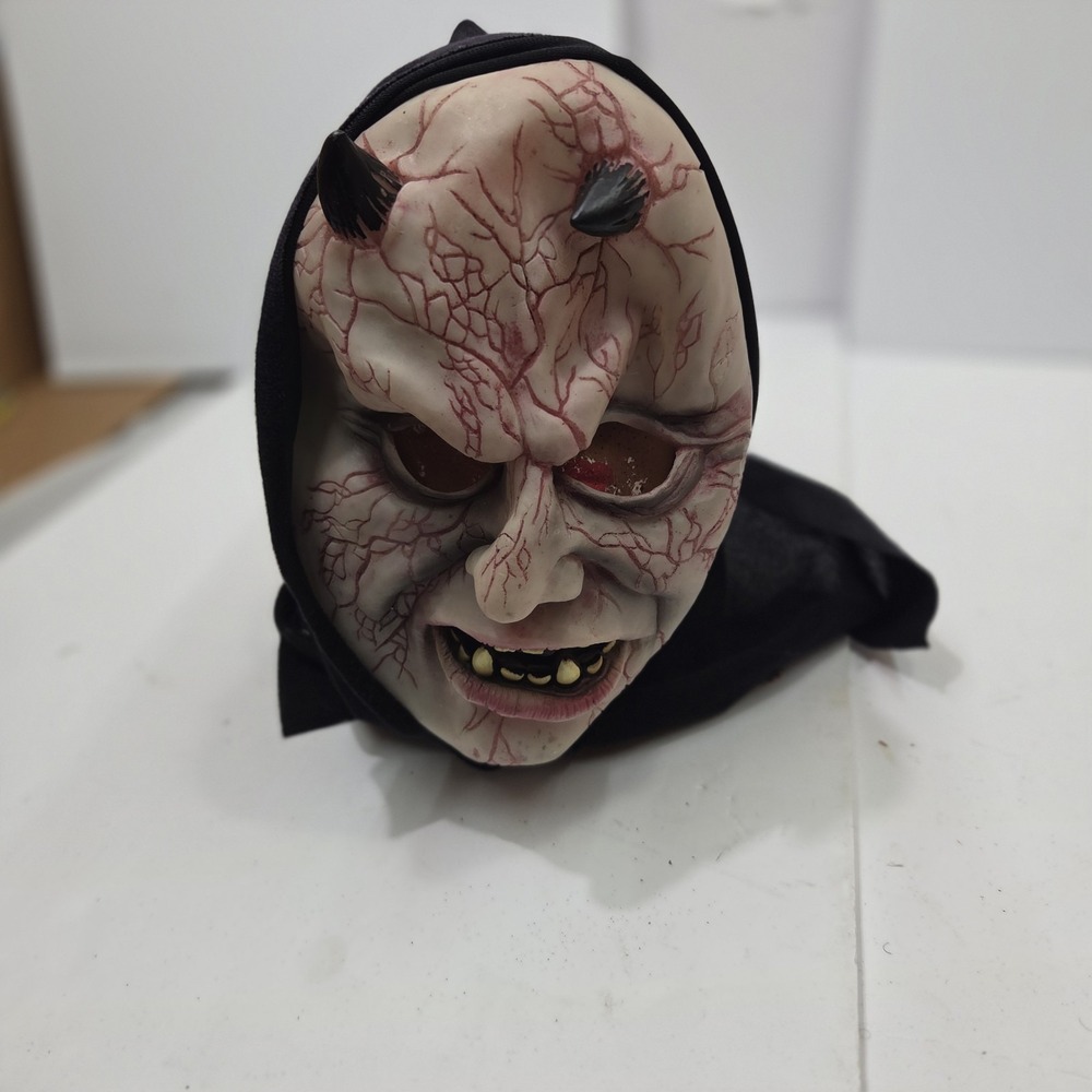 Vtg Seasons Devil Horns Latex Mask Black Fabric Hood Ghoul Monster Halloween